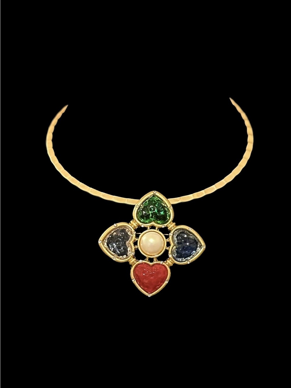 Gold Multi-Stone Heart Pendant Necklace - Red, Green, Blue, Pearl